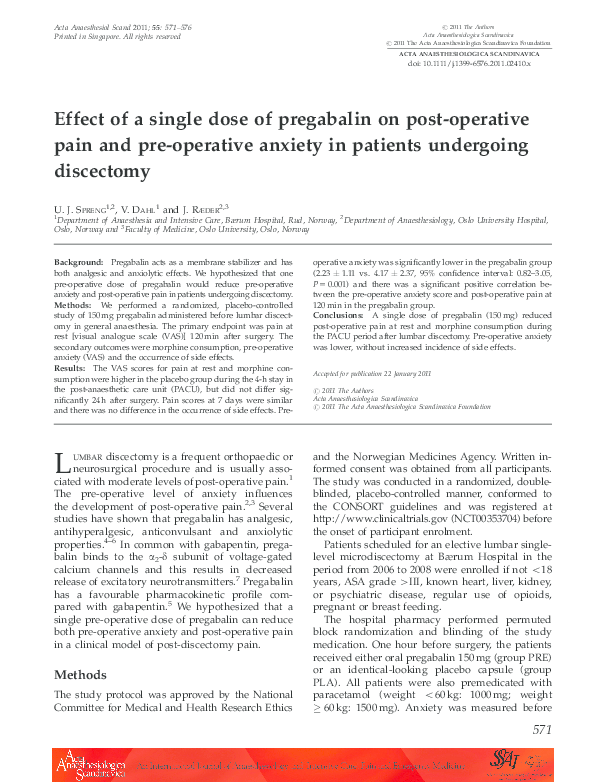 (PDF) Effect of a single dose of pregabalin on post-operative pain and ...