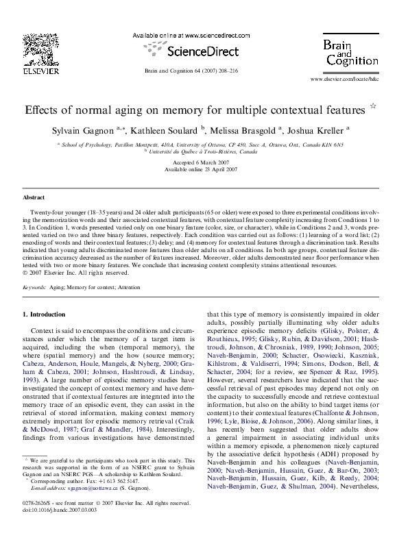 (PDF) Effects of normal aging on memory for multiple contextual features