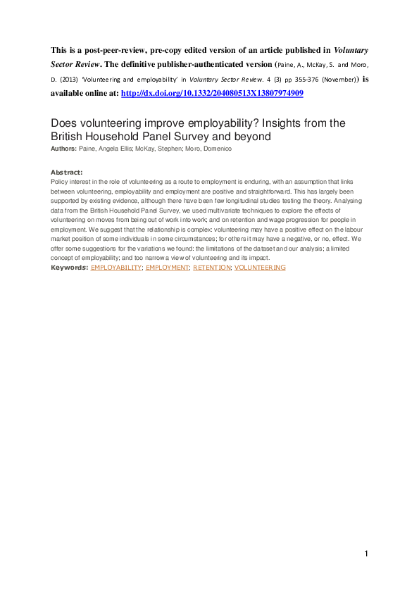 (PDF) Does volunteering improve employability? Insights from the