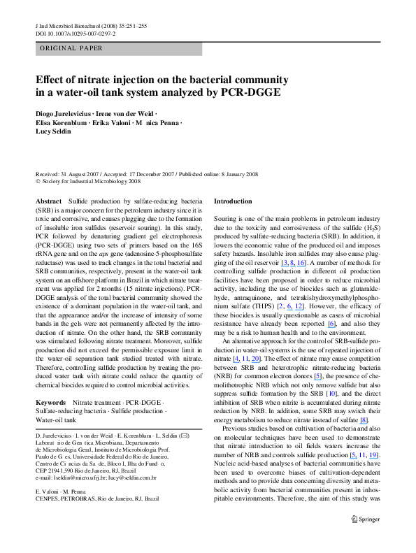 (PDF) Effect of nitrate injection on the bacterial community in a water ...