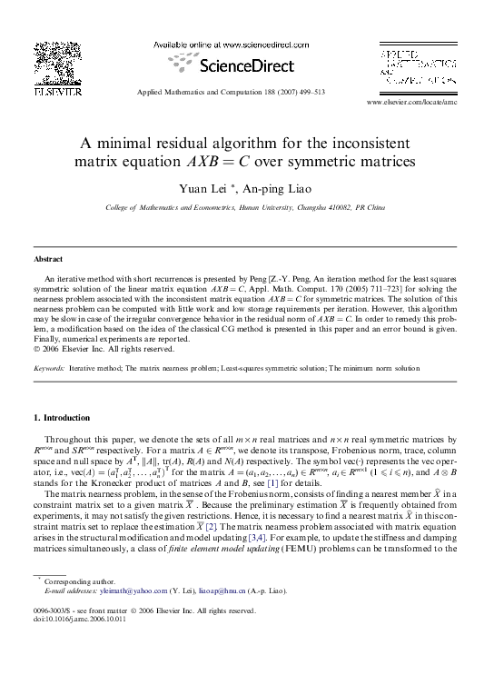 (PDF) A minimal residual algorithm for the inconsistent matrix equation ...