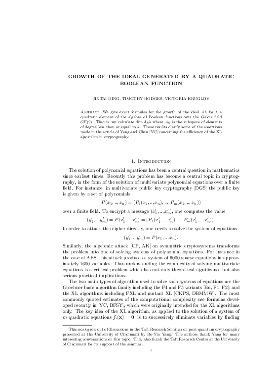 (PDF) Growth of the Ideal Generated by a Quadratic Boolean Function