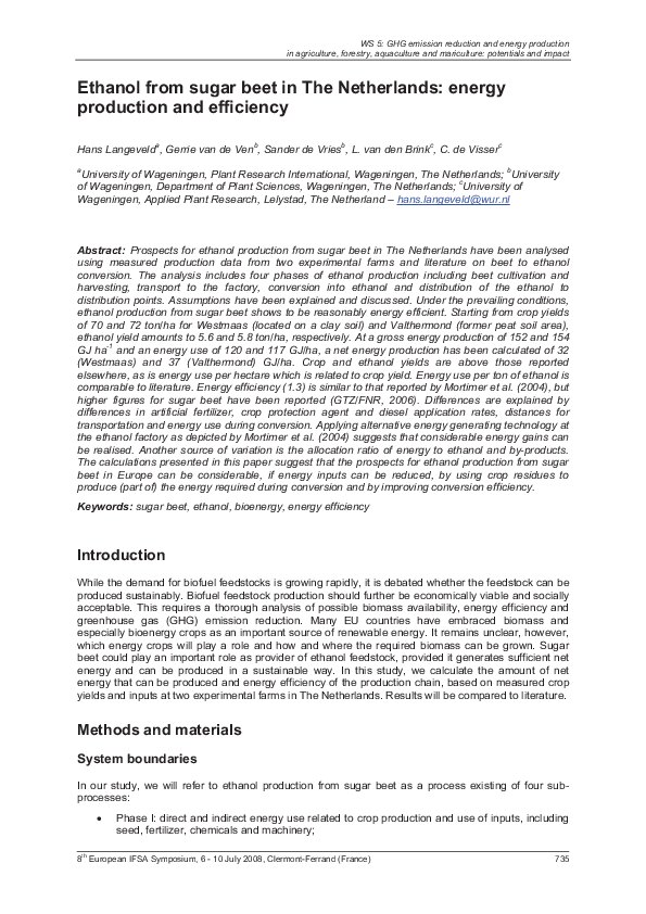(PDF) Ethanol from sugar beet in The Netherlands: energy production and ...