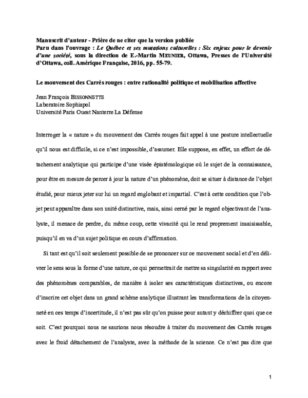 (PDF) Le mouvement des Carrés rouges : entre rationalité politique et ...