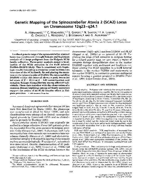 (PDF) Genetic mapping of the spinocerebellar ataxia 2 (SCA2) locus on ...