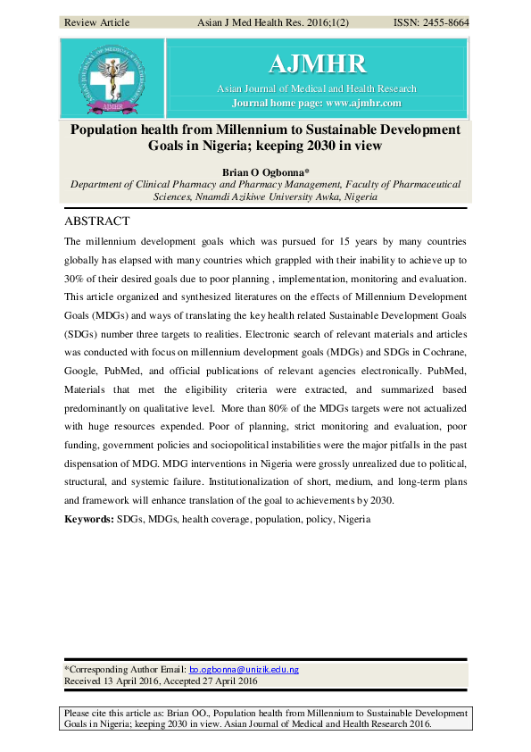 (PDF) Population health from Millennium to Sustainable Development