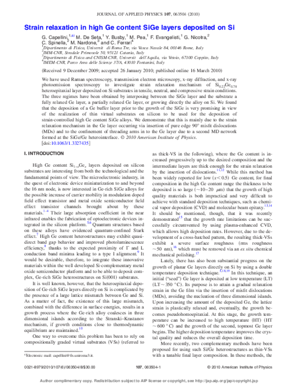 (PDF) Strain relaxation in high Ge content SiGe layers deposited on Si