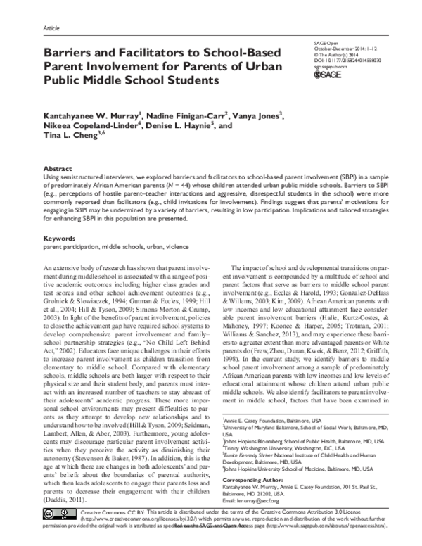(PDF) Barriers and Facilitators to School-Based Parent Involvement for ...