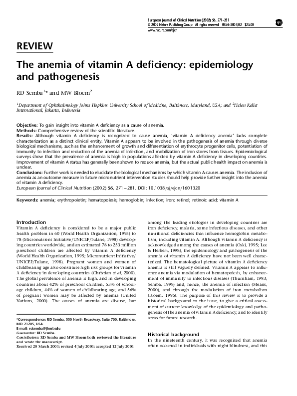 (PDF) The anemia of vitamin A deficiency epidemiology and pathogenesis