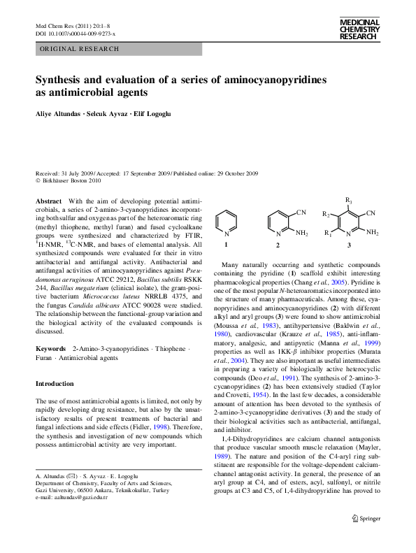 (PDF) Synthesis and evaluation of a series of aminocyanopyridines as ...