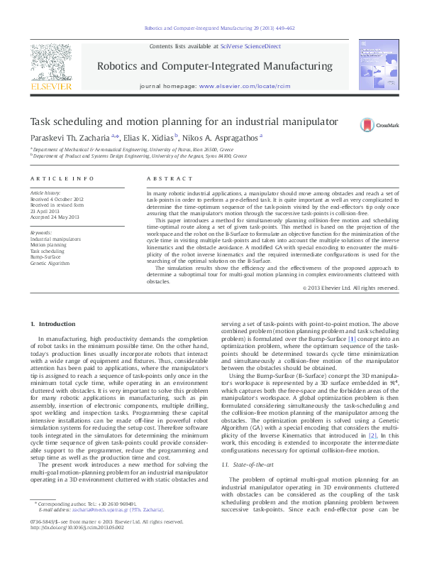 (PDF) Task scheduling and motion planning for an industrial manipulator