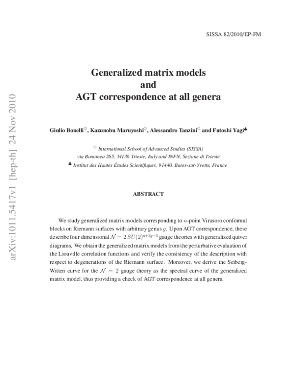 (PDF) Generalized matrix models and AGT correspondence at all genera