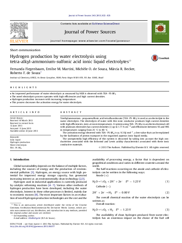 (PDF) Hydrogen production by water electrolysis using tetra-alkyl ...
