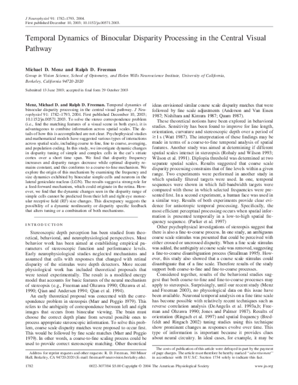 (PDF) Temporal Dynamics of Binocular Disparity Processing in the
