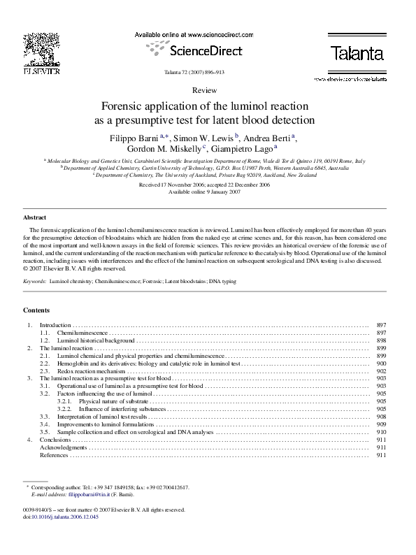 (PDF) Forensic application of the luminol reaction as a presumptive