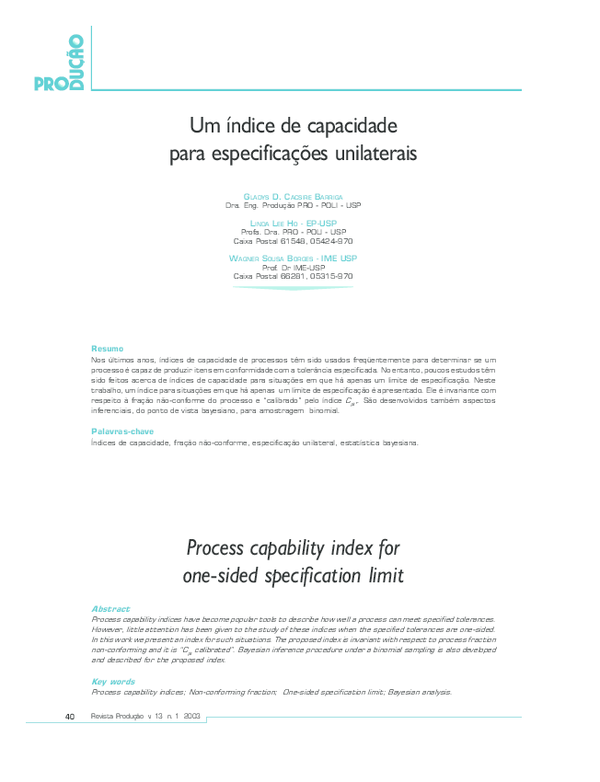 (PDF) Process capability index for one-sided specification limit