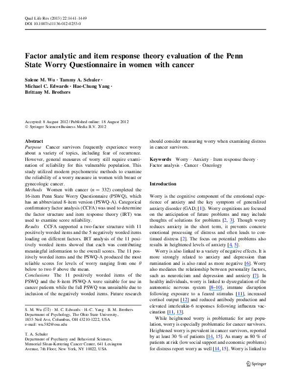 (PDF) Factor analytic and item response theory evaluation of the Penn ...