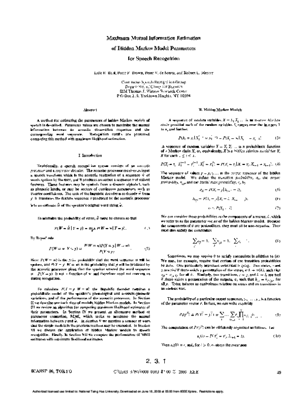 (PDF) Maximum mutual information estimation of hidden Markov model ...