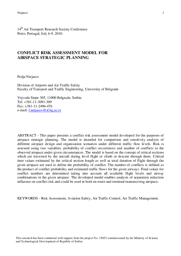 (PDF) Conflict risk assessment model for airspace strategic planning