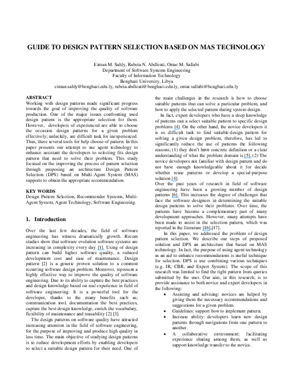(PDF) Guide to Design Pattern Selection based on MAS Technology