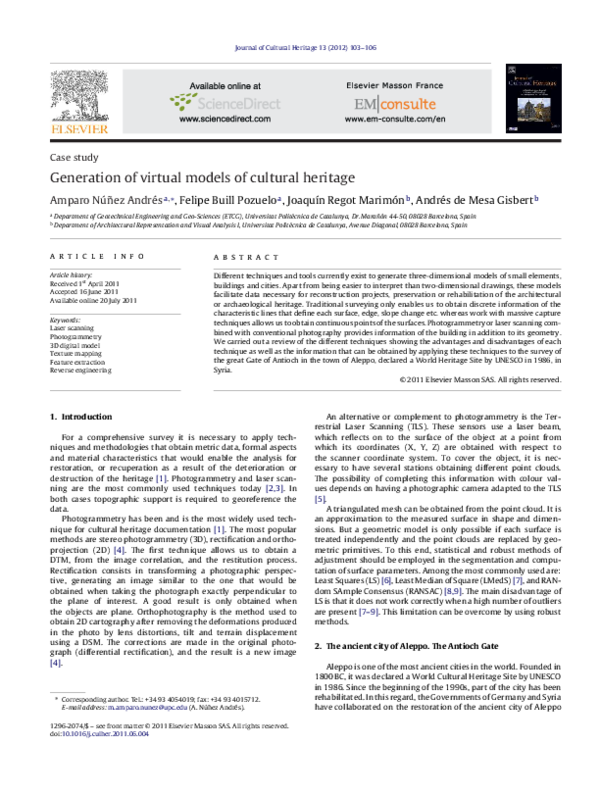 (PDF) Generation of virtual models of cultural heritage