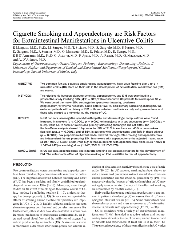 (PDF) Cigarette smoking and appendectomy are risk factors for extraintestinal manifestations in