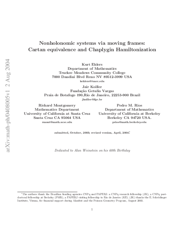 (PDF) Nonholonomic systems via moving frames: Cartan equivalence and ...