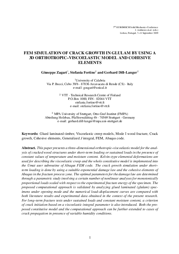 Pdf Fem Simulation Of Crack Growth In Glulam By Using A 3d