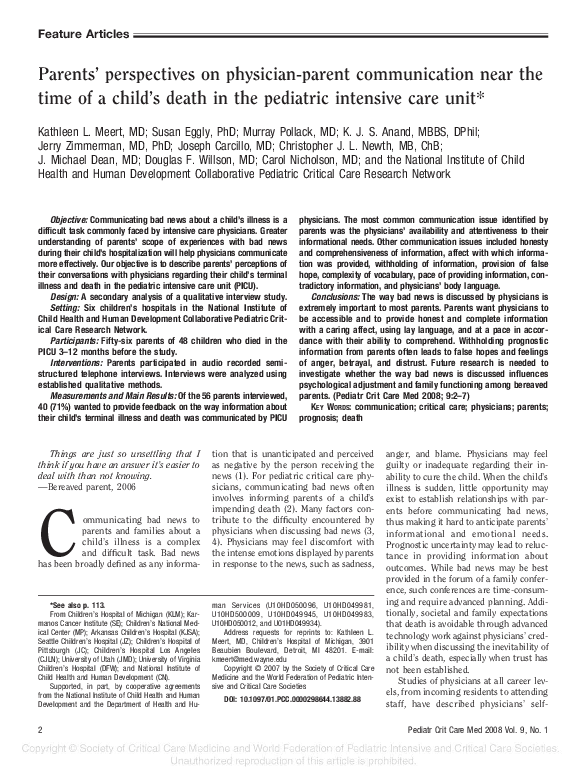 (PDF) Parents’ perspectives on physician-parent communication near the ...