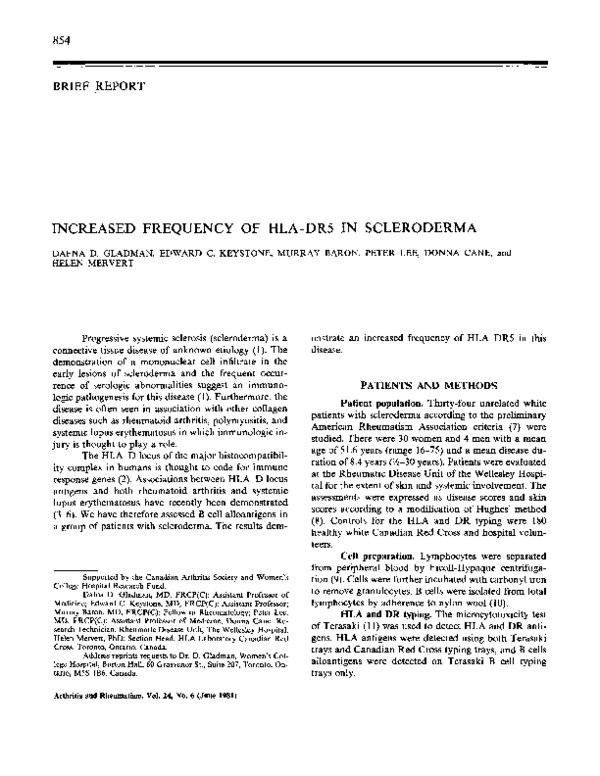  PDF INCREASED FREQUENCY OF HLA DR5 IN SCLERODERMA Baron Lee