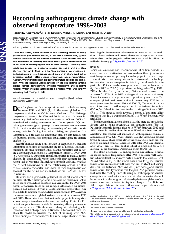 Reconciling anthropogenic climate change with observed temperature 1998–2008