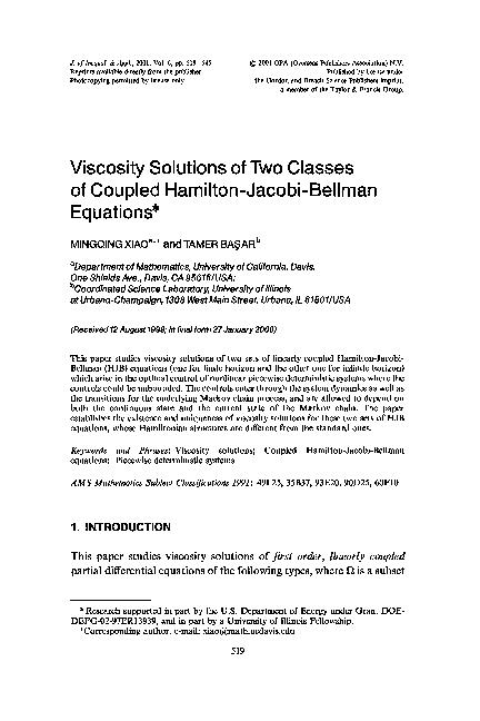 (PDF) Viscosity solutions of two classes of coupled Hamilton-Jacobi ...