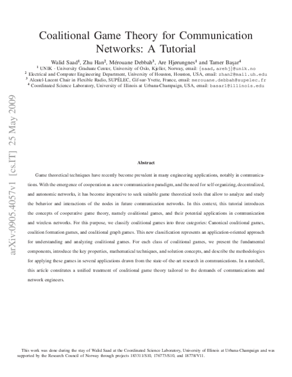 (PDF) Coalitional Game Theory for Communication Networks: A Tutorial