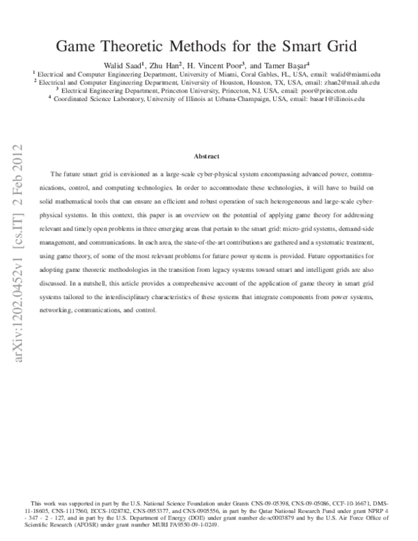 (PDF) Game Theoretic Methods for the Smart Grid