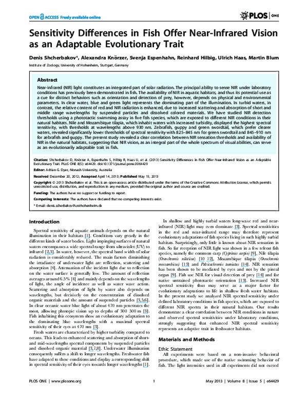 (PDF) Sensitivity Differences in Fish Offer Near-Infrared Vision as an ...