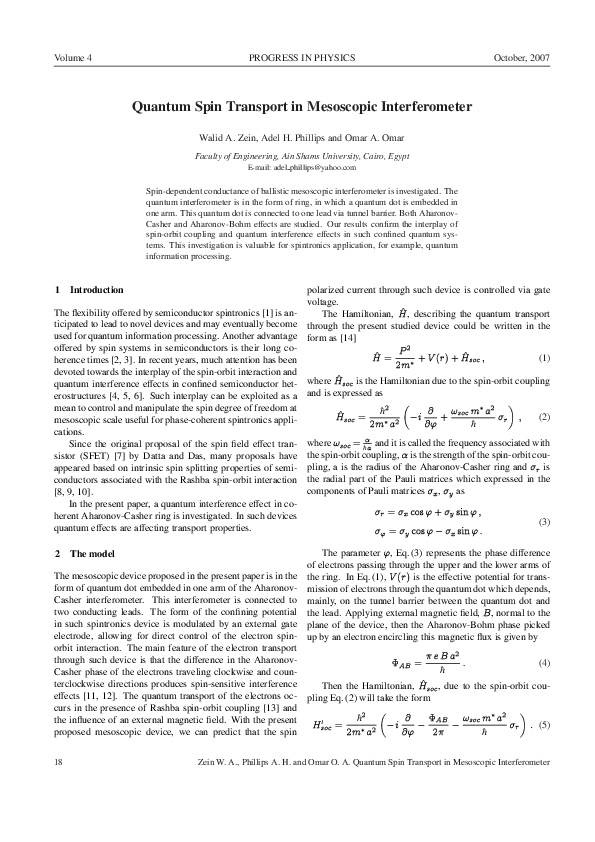 (PDF) Quantum Spin Transport in Mesoscopic Interferometer