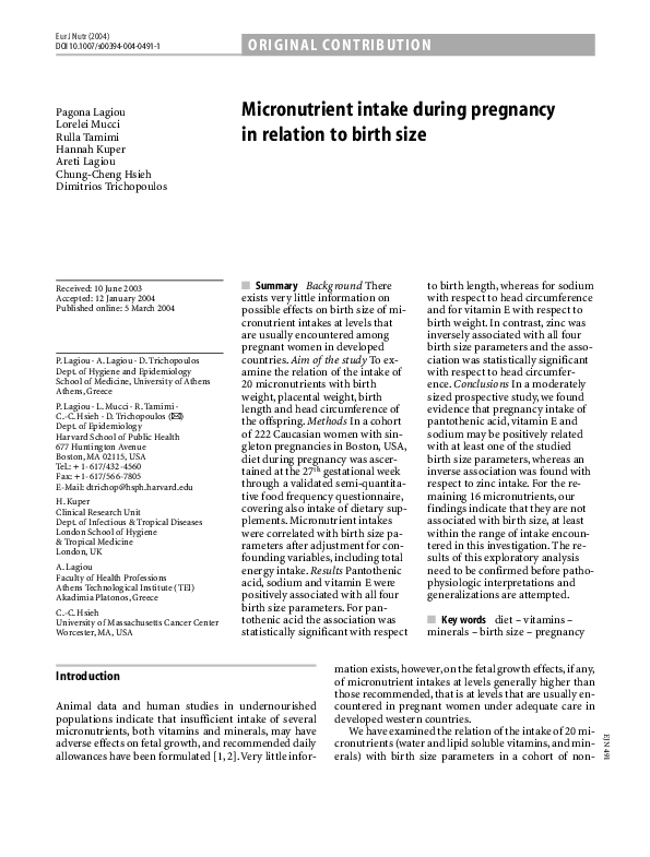 (PDF) Micronutrient intake during pregnancy in relation to birth size