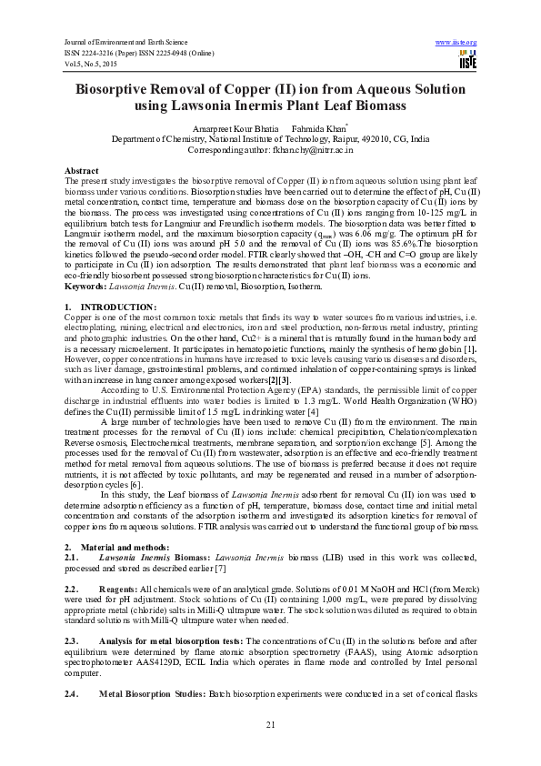 (PDF) Biosorptive Removal of Copper (II) ion from Aqueous Solution ...