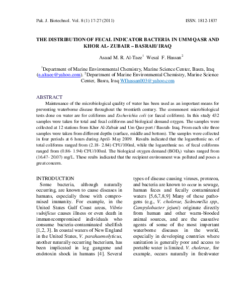 (PDF) THE DISTRIBUTION OF FECAL INDICATOR BACTERIA IN UMM QASR AND KHOR ...