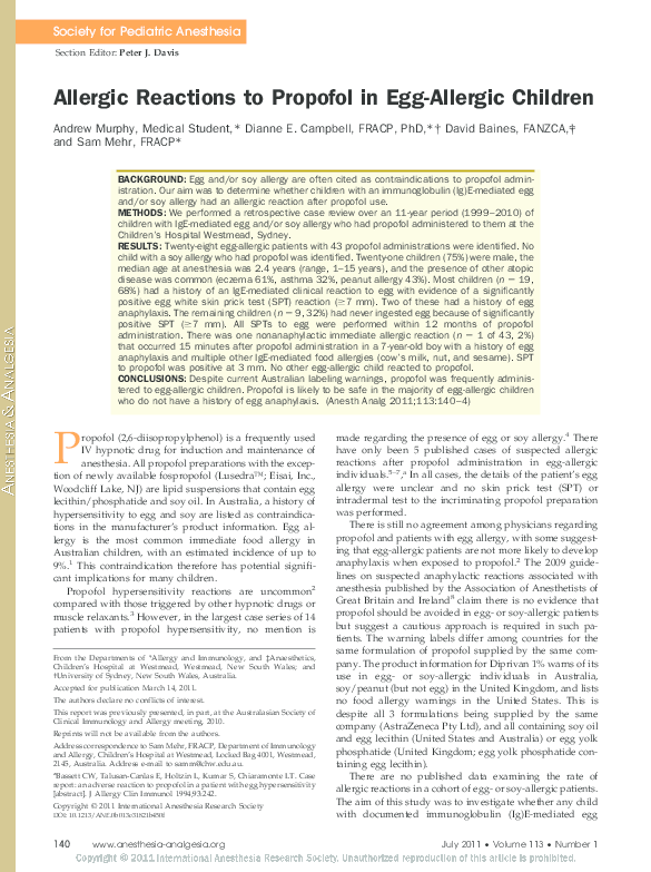 (PDF) Allergic Reactions to Propofol in EggAllergic Children David