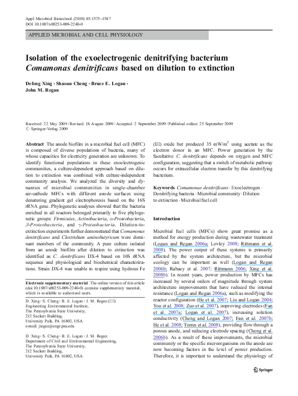 (PDF) Isolation of the exoelectrogenic denitrifying bacterium Comamonas ...