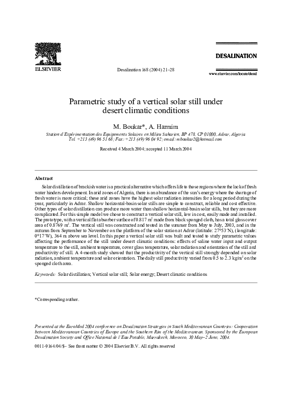 Pdf Parametric Study Of A Vertical Solar Still Under Desert Climatic Conditions Arezki Harmim Academia Edu