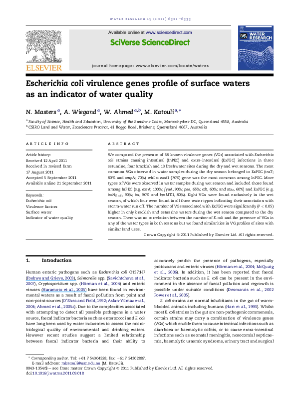 (PDF) Escherichia coli virulence genes profile of surface waters as an