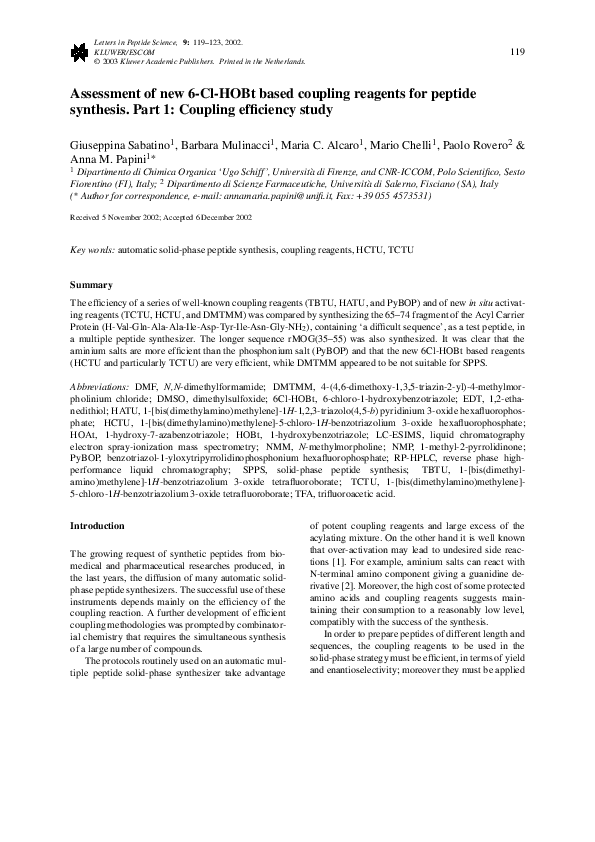 (PDF) Assessment of new 6ClHOBt based coupling reagents for peptide