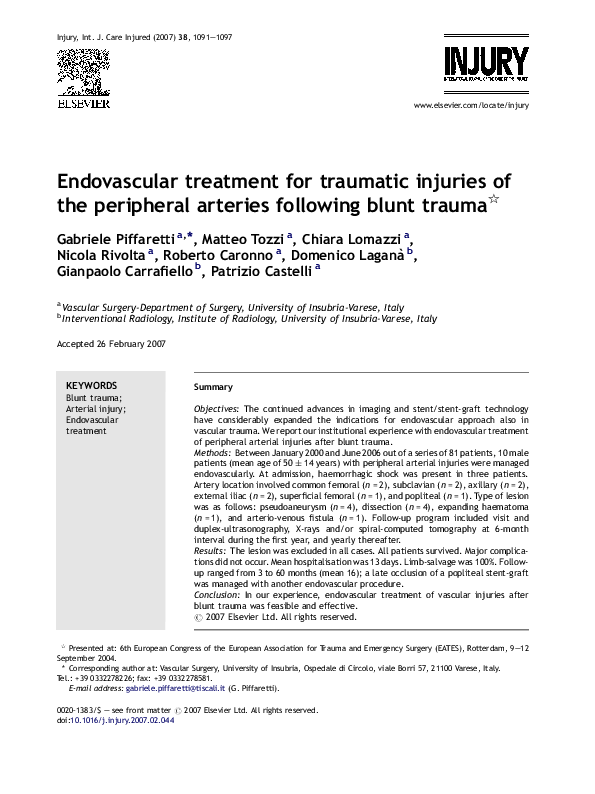 (PDF) Endovascular treatment for traumatic injuries of the peripheral ...