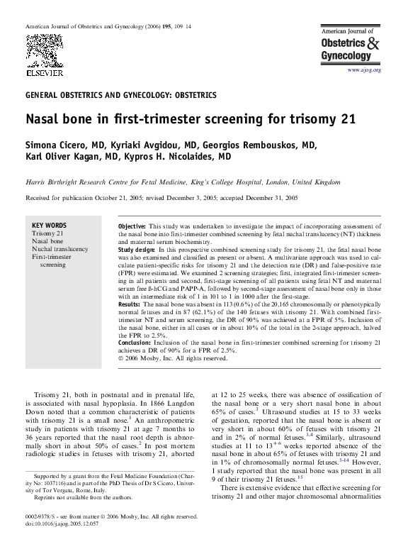 (PDF) Nasal bone in firsttrimester screening for trisomy 21