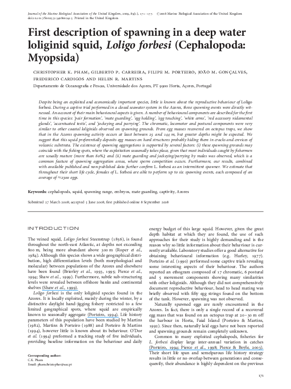 (PDF) First description of spawning in a deep water loliginid squid ...