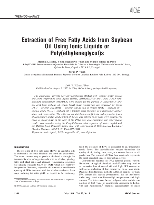 (PDF) Extraction of free fatty acids from soybean oil using ionic liquids or poly(ethyleneglycol