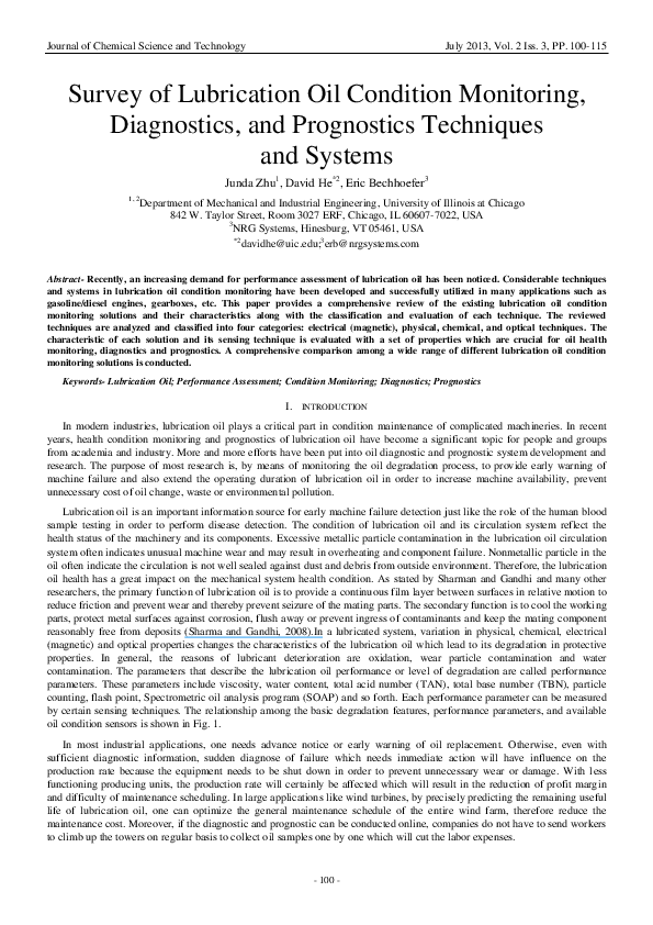 (PDF) Survey of lubrication oil condition monitoring, diagnostics ...
