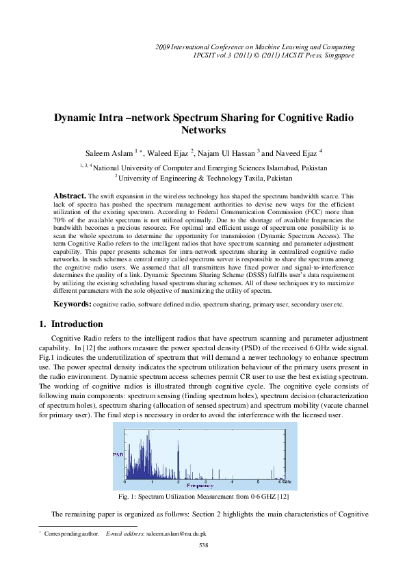 (PDF) Dynamic Intra–network Spectrum Sharing for Cognitive Radio Networks